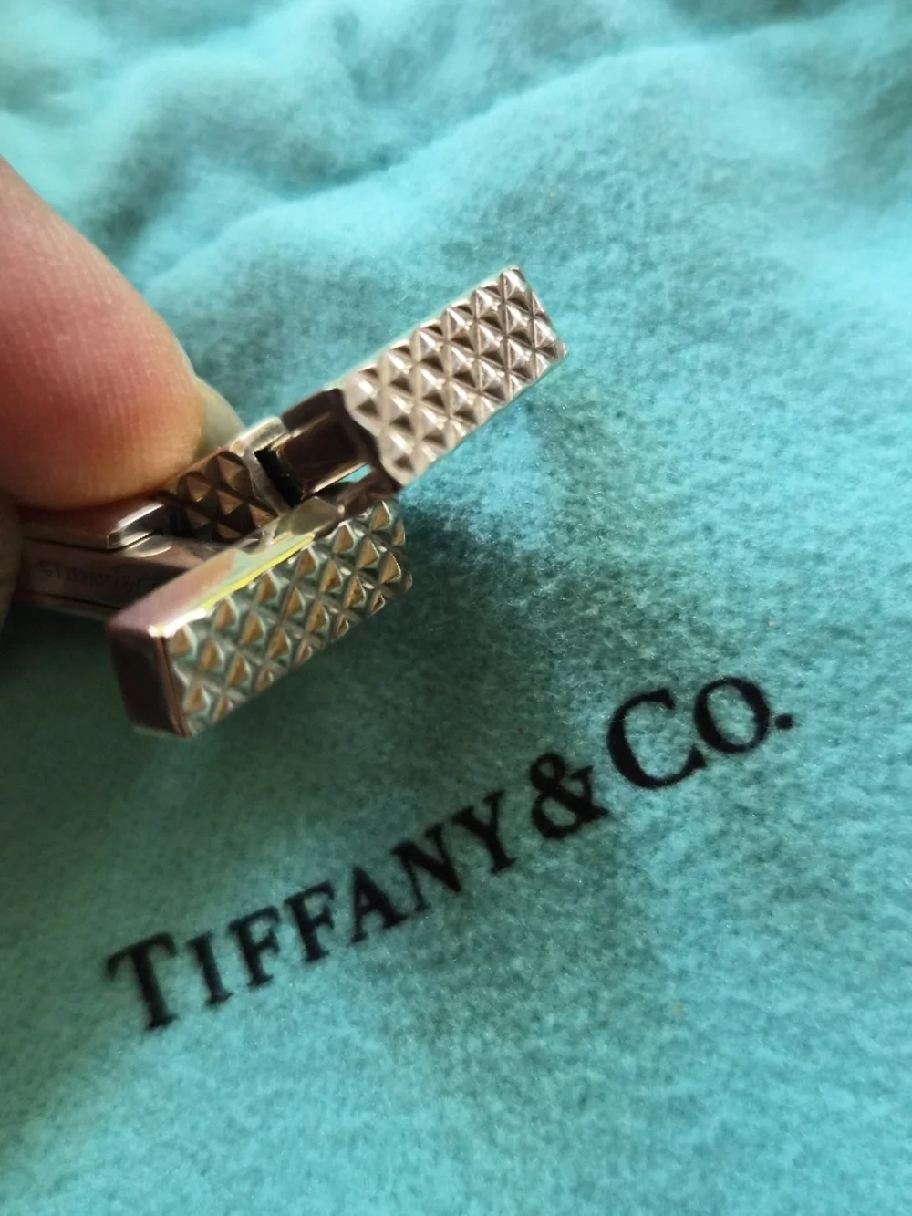 Authentic Tiffany & Co. Sterling Silver Textured Bar Cufflinks - Diamond Design